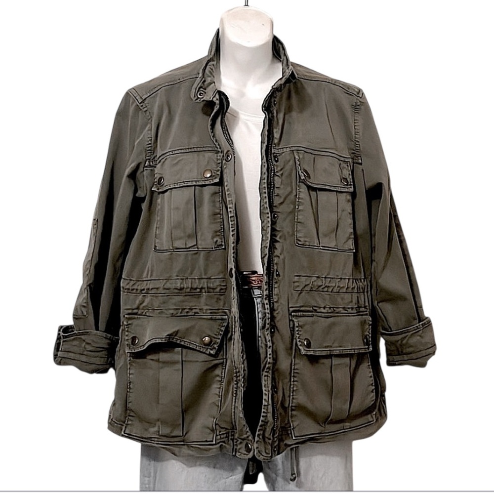 Army Olive Green Funnel Neck Utility Lightweight Cargo Technical Jacket